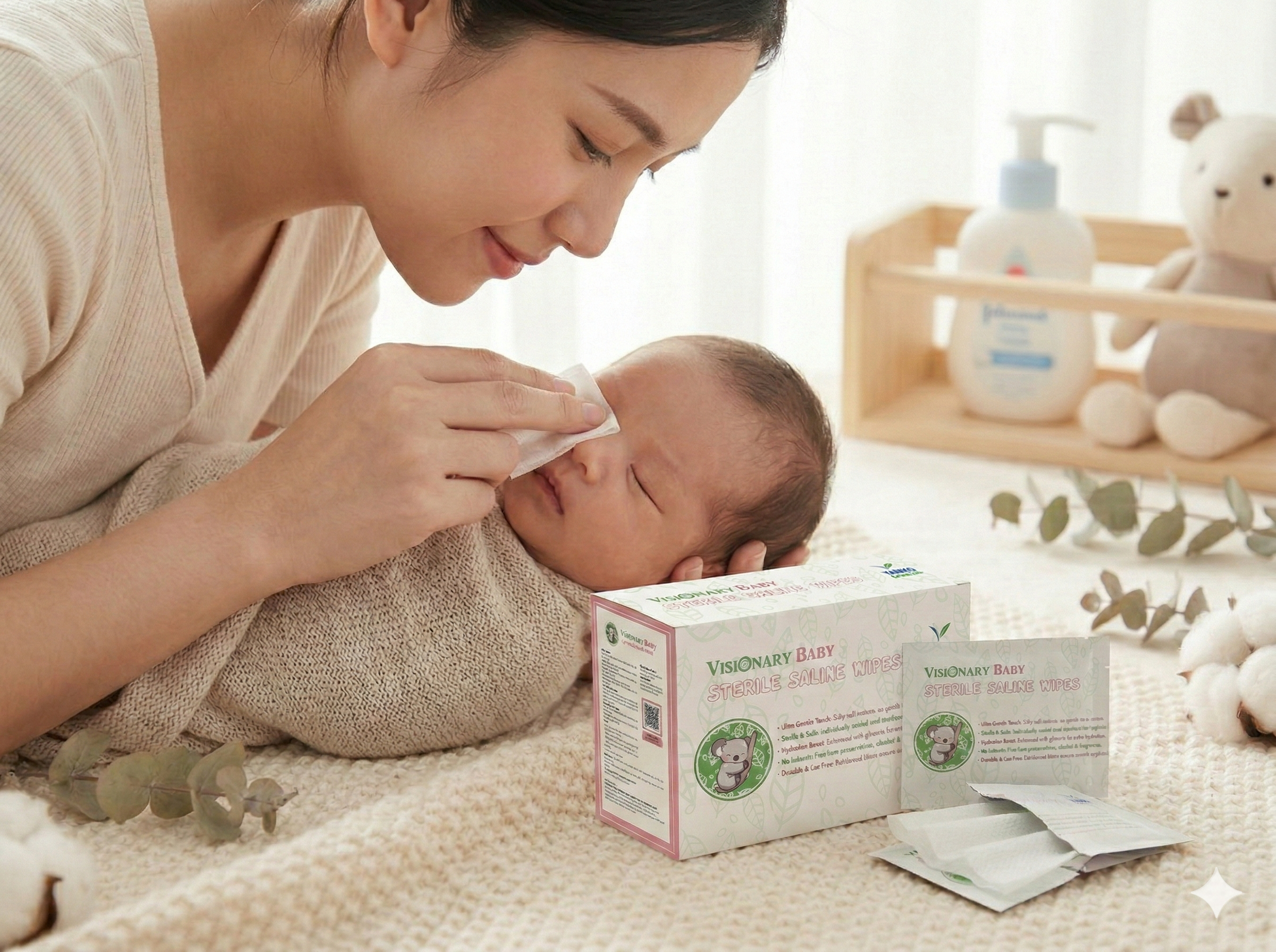 Mẹ dùng gạc nước muối vô trùng Visionary Baby vệ sinh mắt mũi cho trẻ sơ sinh dịu nhẹ