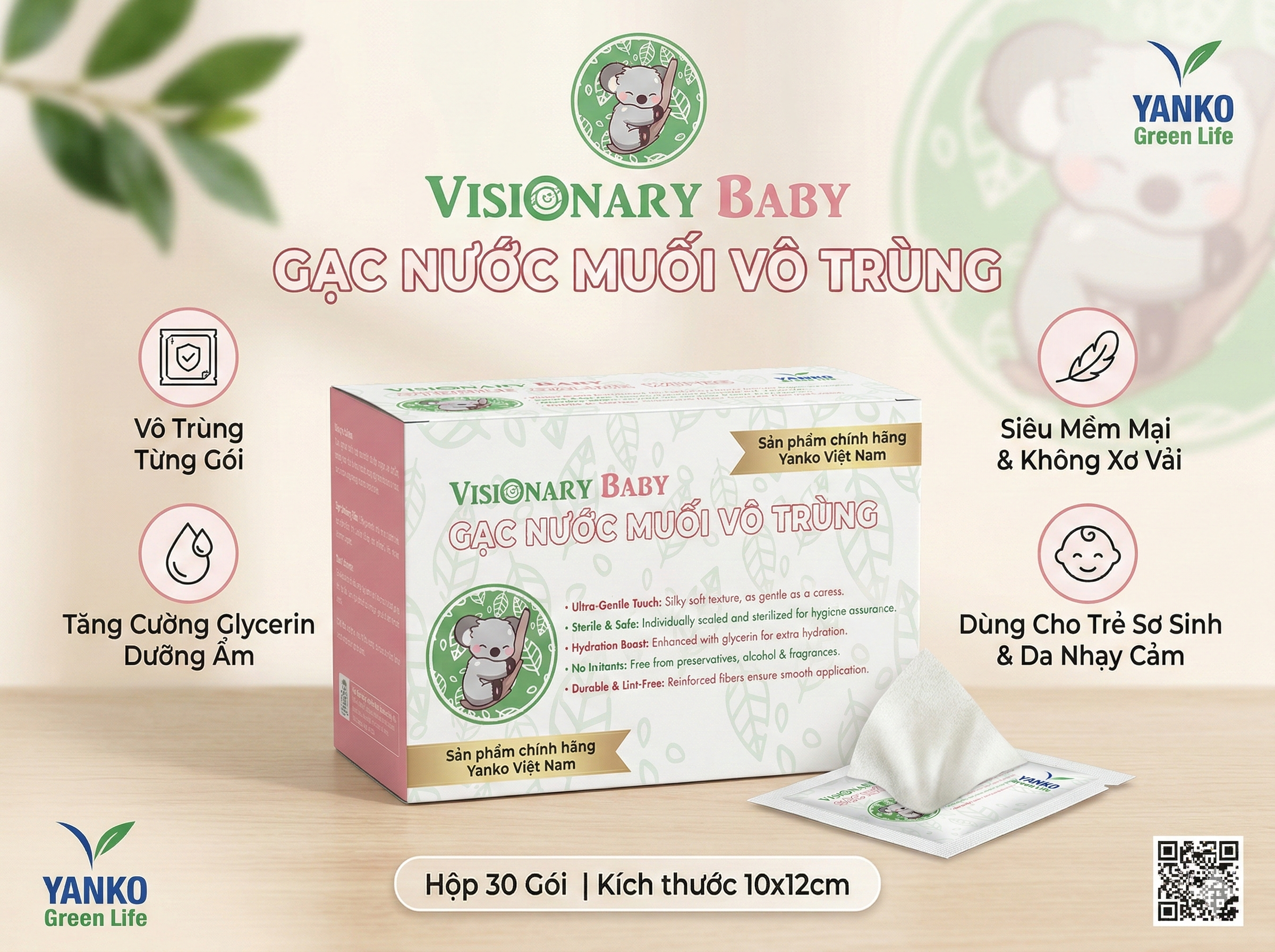 Ưu điểm gạc nước muối Visionary Baby: Vô trùng, mềm mại, dưỡng ẩm và an toàn cho da bé