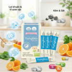 Thành phần men vi sinh Yungbio gồm 8 chủng lợi khuẩn, Kẽm, Sắt, Vitamin D, B1, B6 và chất xơ thực vật.