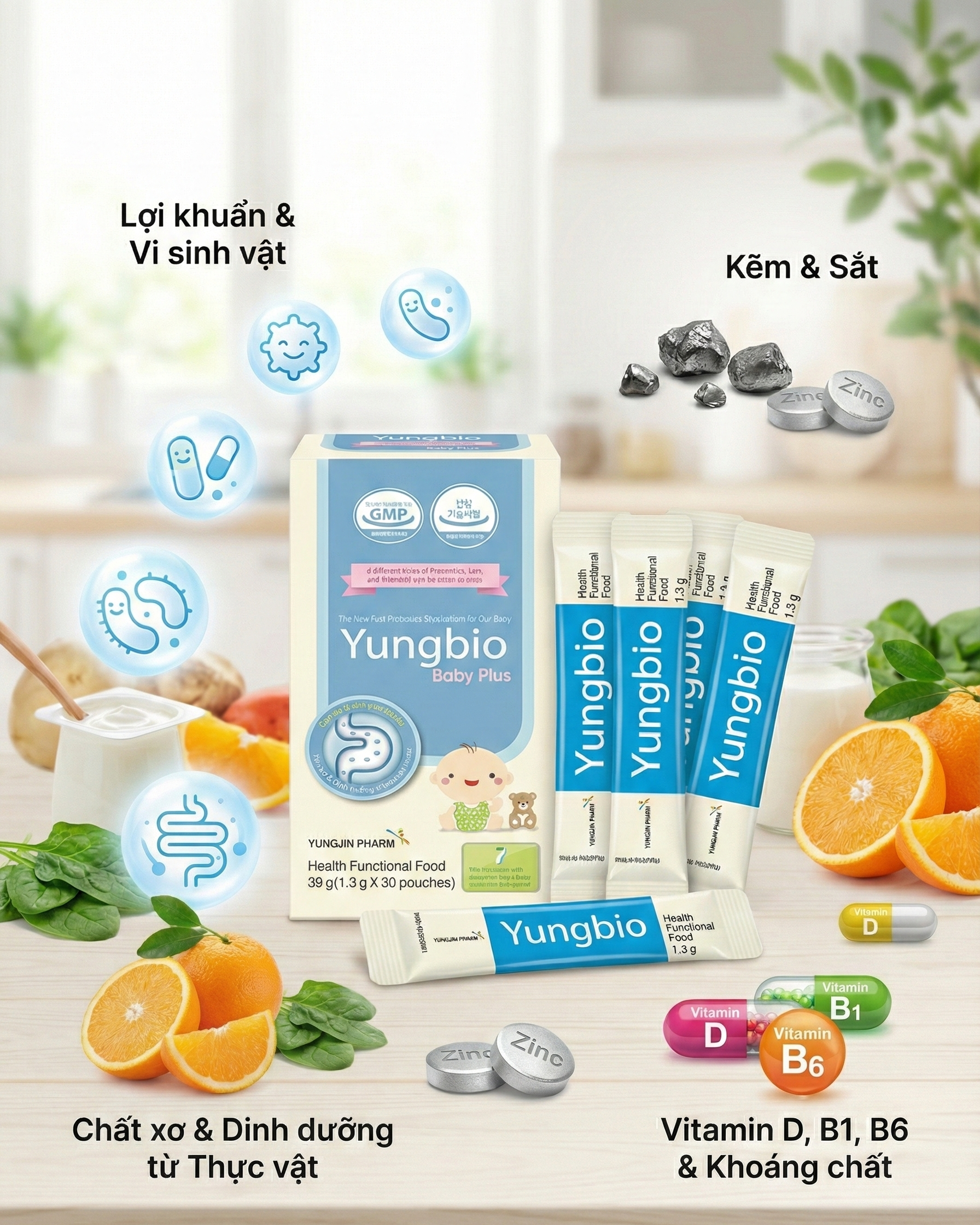 Thành phần men vi sinh Yungbio gồm 8 chủng lợi khuẩn, Kẽm, Sắt, Vitamin D, B1, B6 và chất xơ thực vật.