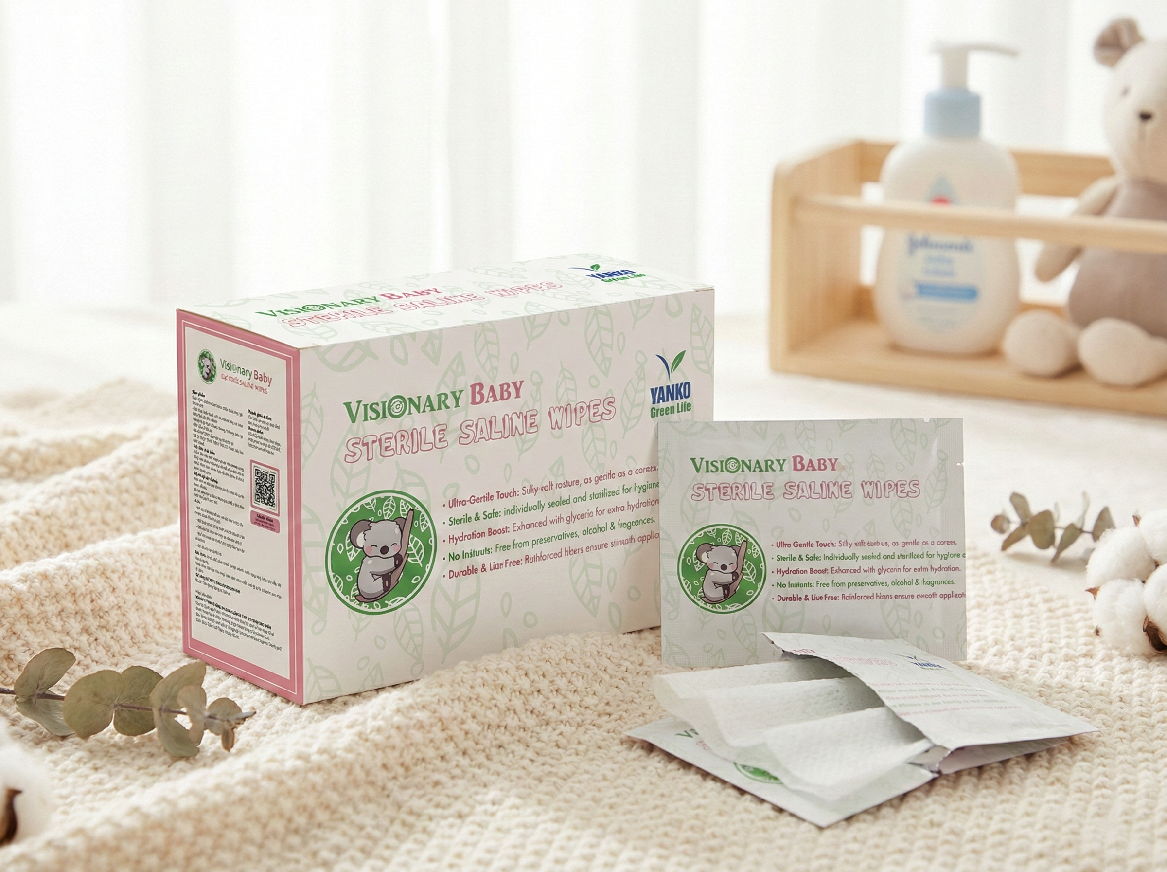 Sản phẩm gạc lau nước muối vô trùng Visionary Baby chính hãng Yanko Green Life