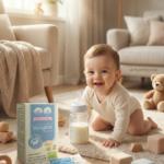 Em bé vui vẻ khỏe mạnh bên hộp men vi sinh Yungbio Baby Plus giúp hỗ trợ tiêu hóa và ăn ngon miệng.