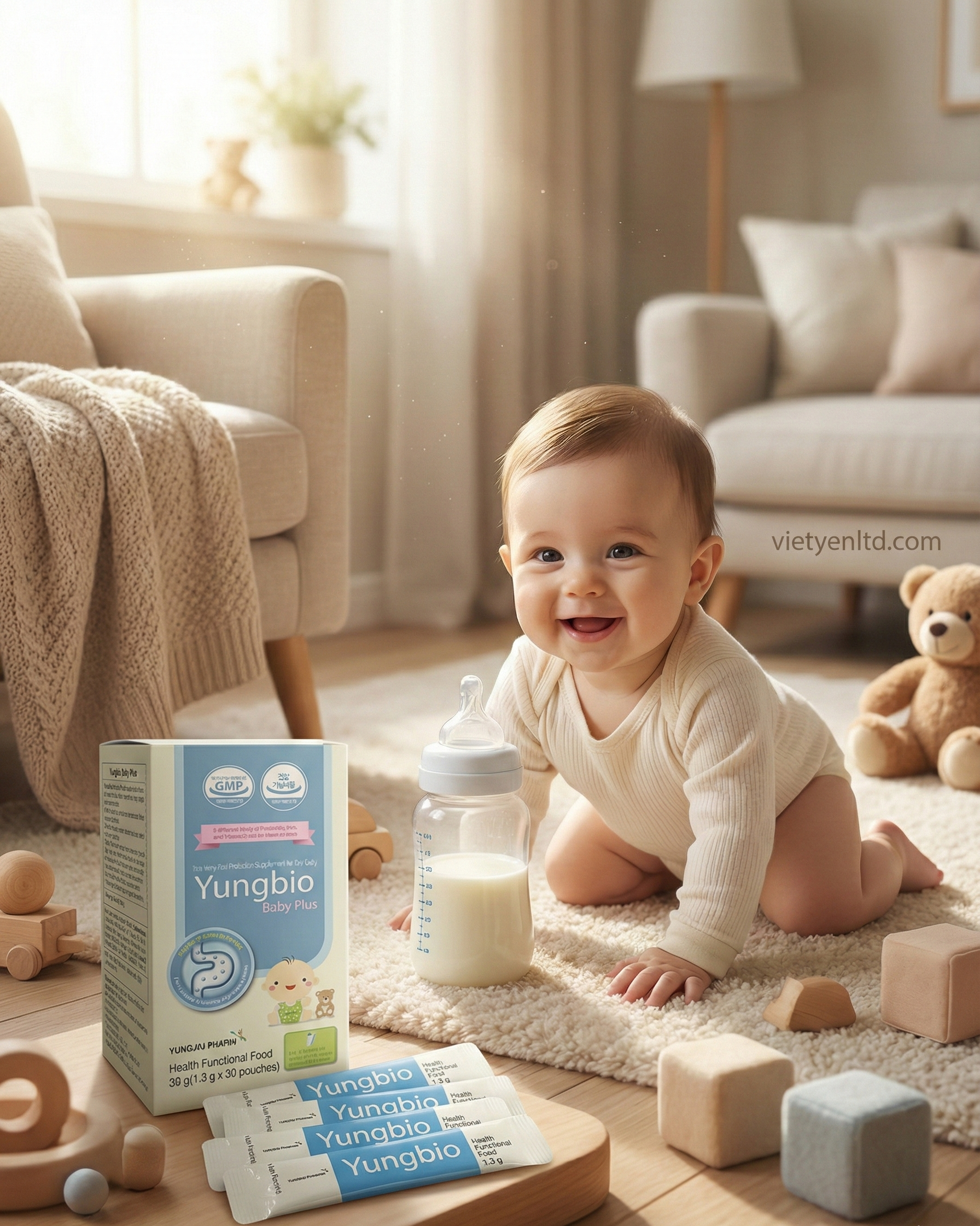 Em bé vui vẻ khỏe mạnh bên hộp men vi sinh Yungbio Baby Plus giúp hỗ trợ tiêu hóa và ăn ngon miệng.