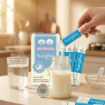 Hướng dẫn pha men vi sinh Yungbio với sữa ấm dưới 50 độ C cho bé uống dễ dàng.