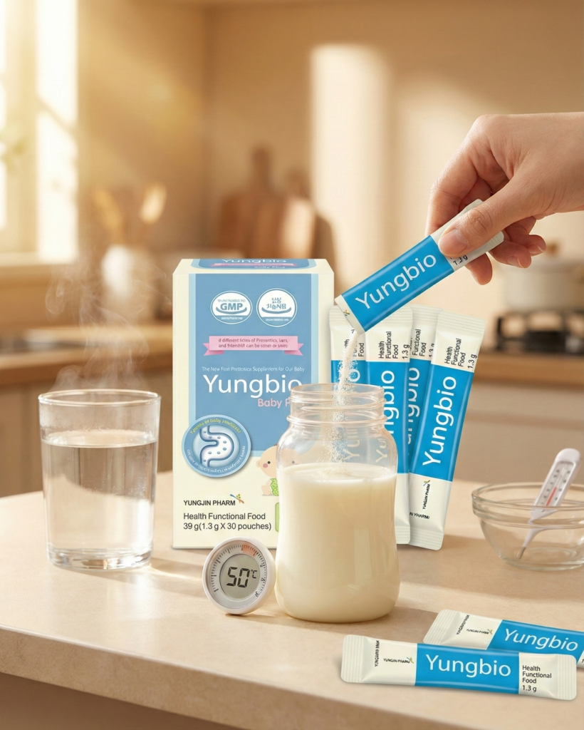 Hướng dẫn pha men vi sinh Yungbio với sữa ấm dưới 50 độ C cho bé uống dễ dàng.